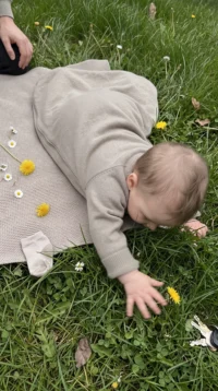 Niemowlę w beżowym śpiworku merino dziecięcym sięga rączką po kwiatki w trawie