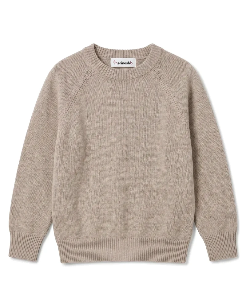 Sweter merino damski w kolorze beżowym z okrągłym dekoltem i metką Merinoshe - przód